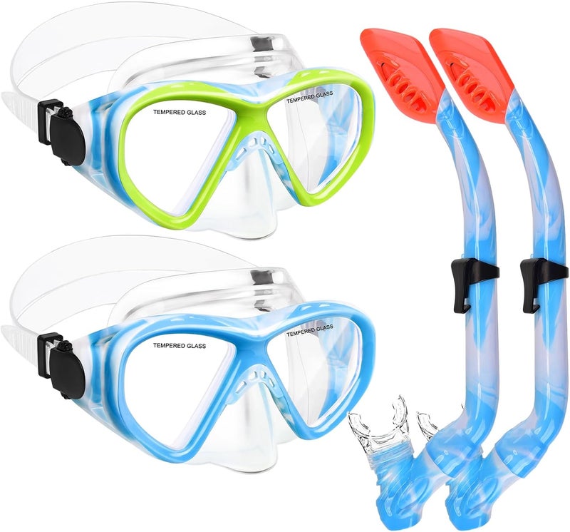 ACQCES 2 Sets Snorkeling Gear for Kids, Kids Snorkel Set for Ages 6-14, Dry Top Snorkel Mask Set for Youth Boys Girls Junior, Tempered Glass Diving Swimming Mask Goggles - Image 1